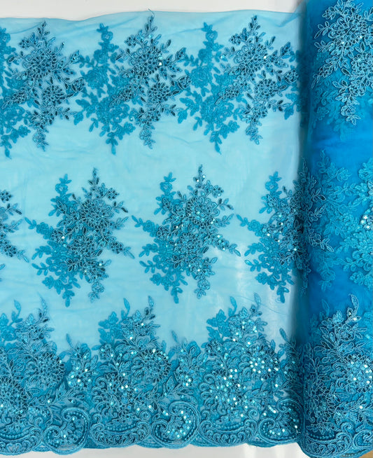 Embroidered Tulle - Turquoise Blue